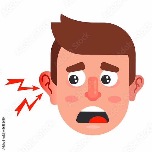 ear inflammation in a man. severe otitis media in humans. flat vector illustration.