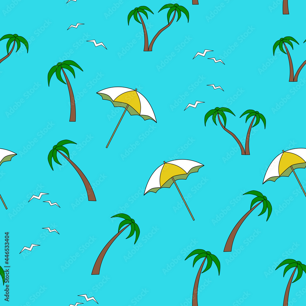 the pattern is a tropical palm tree and a beach umbrella on a stand against the blue sky.