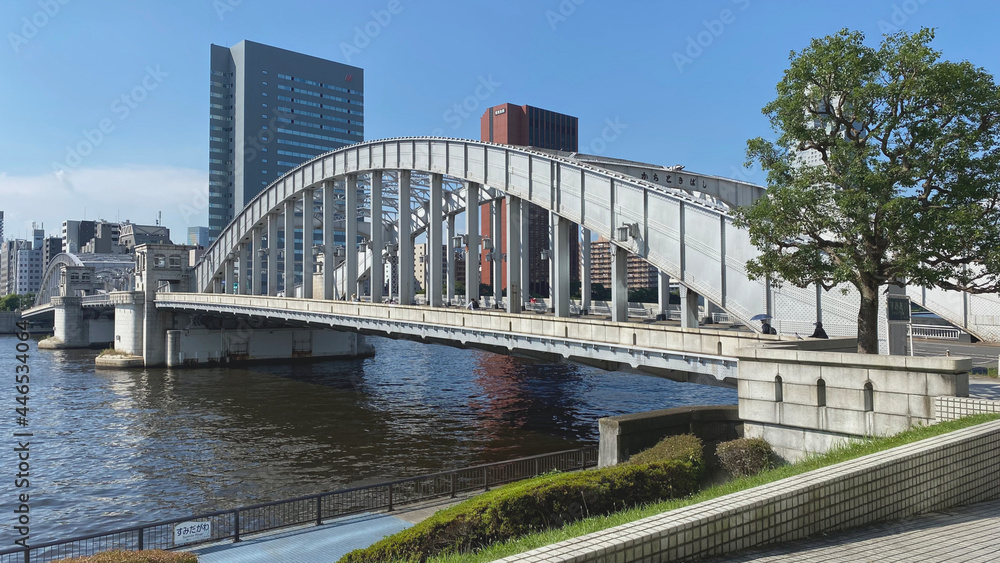 Kachidoki Bridge. The famous historical bridge on Sumida River. Japan Tokyo 21 June 2021