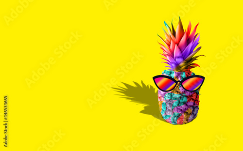 Watercolor Pineapple on yellow background. Summer Fruit Concept. Colorful Ananas Minimal With Copy Space . Cool Pine apple