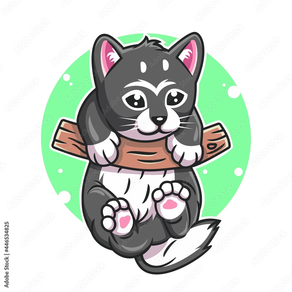 Obraz cat cartoon hanging on wood vector illustration