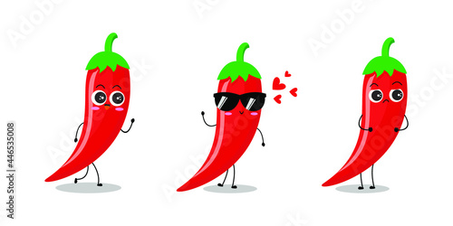 Vector illustration of red chili pepper character with cute expression, funny, isolated on white background, vegetable for mascot collection, emoticon kawaii, cayenne, happy, lovely