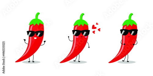 Vector illustration of red chili pepper character with cute expression, funny, isolated on white background, vegetable for mascot collection, emoticon kawaii, cayenne, lovely, cool sunglasses