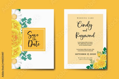 Wedding invitation frame set, floral watercolor Digital hand drawn Yellow Rose Flower design Invitation Card Template