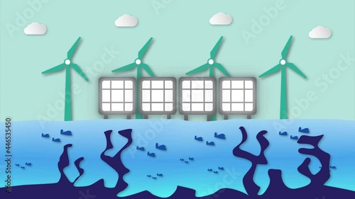 Environmental scene with wind turbines and solar panels on the river. Paper cut of clouds isolated on blue background. This motion graphic was designed in 4K 30fps.