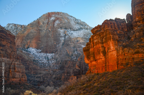 Winter in the American Southwest. Snow Covered Redrock Cliffs Driving Tourism © Jesse