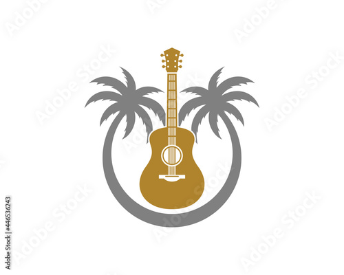 Guitar between palm tree vector illustration