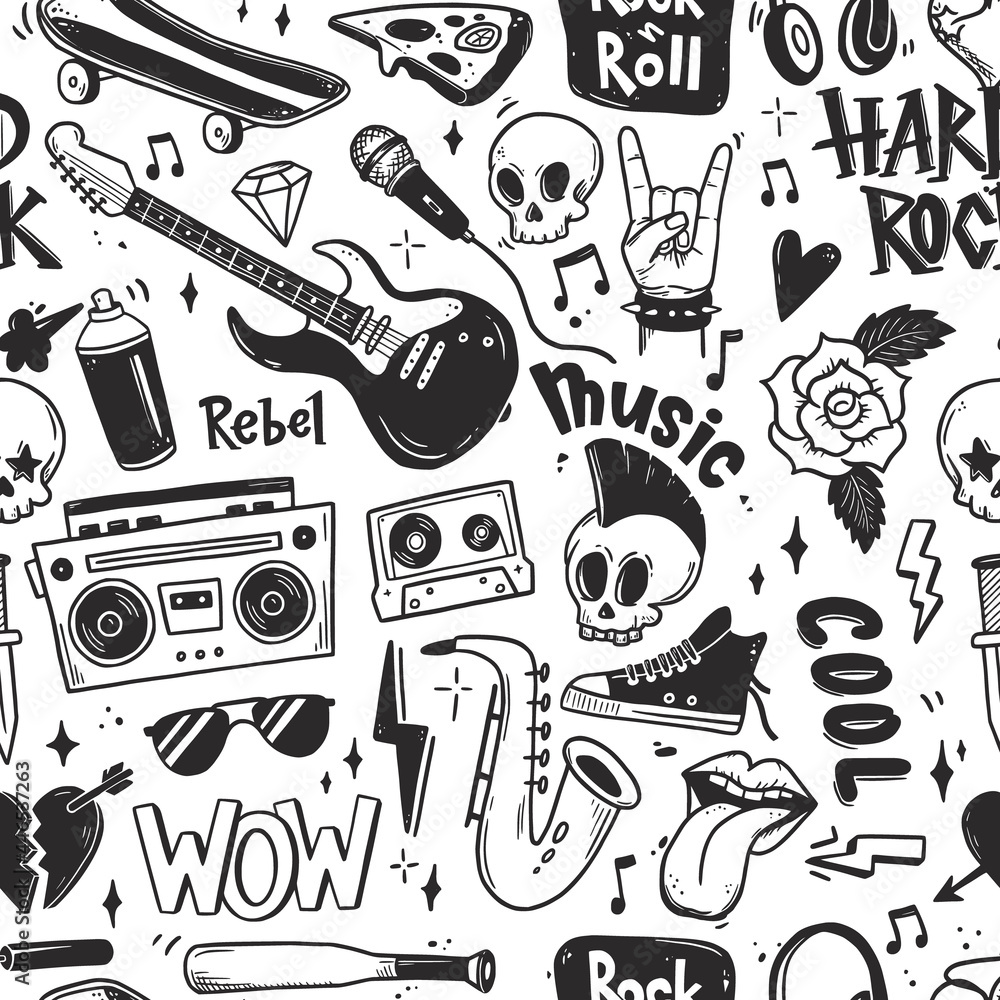 Vecteur Stock Rock n roll, punk music seamless pattern. Graffiti, tattoo  hand drawn style element, skull, guitar, note. Grunge rock vector  illustration. | Adobe Stock
