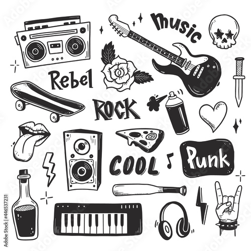 Rock n roll, punk music doodle set. Graffiti, tattoo hand drawn sticker, text, skull, heart, skate, gesture hand. Grunge rock vector illustration. photo