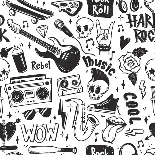 Rock n roll, punk music seamless pattern. Graffiti, tattoo hand drawn style element, skull, guitar, note. Grunge rock vector illustration. photo