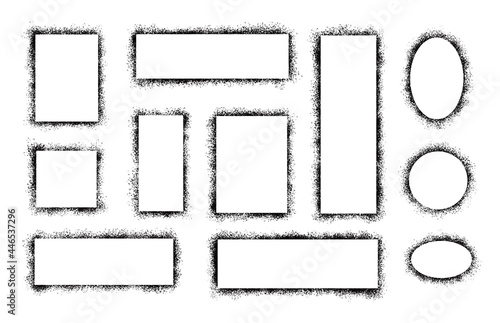 Stencil spray paint frame set. Grunge graffiti style black frame. Isolated vector illustration with drop paint border. Stencil spray effect.