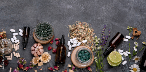 Alternative medicine variation pills and herbs. Homeopathy medicine concept.