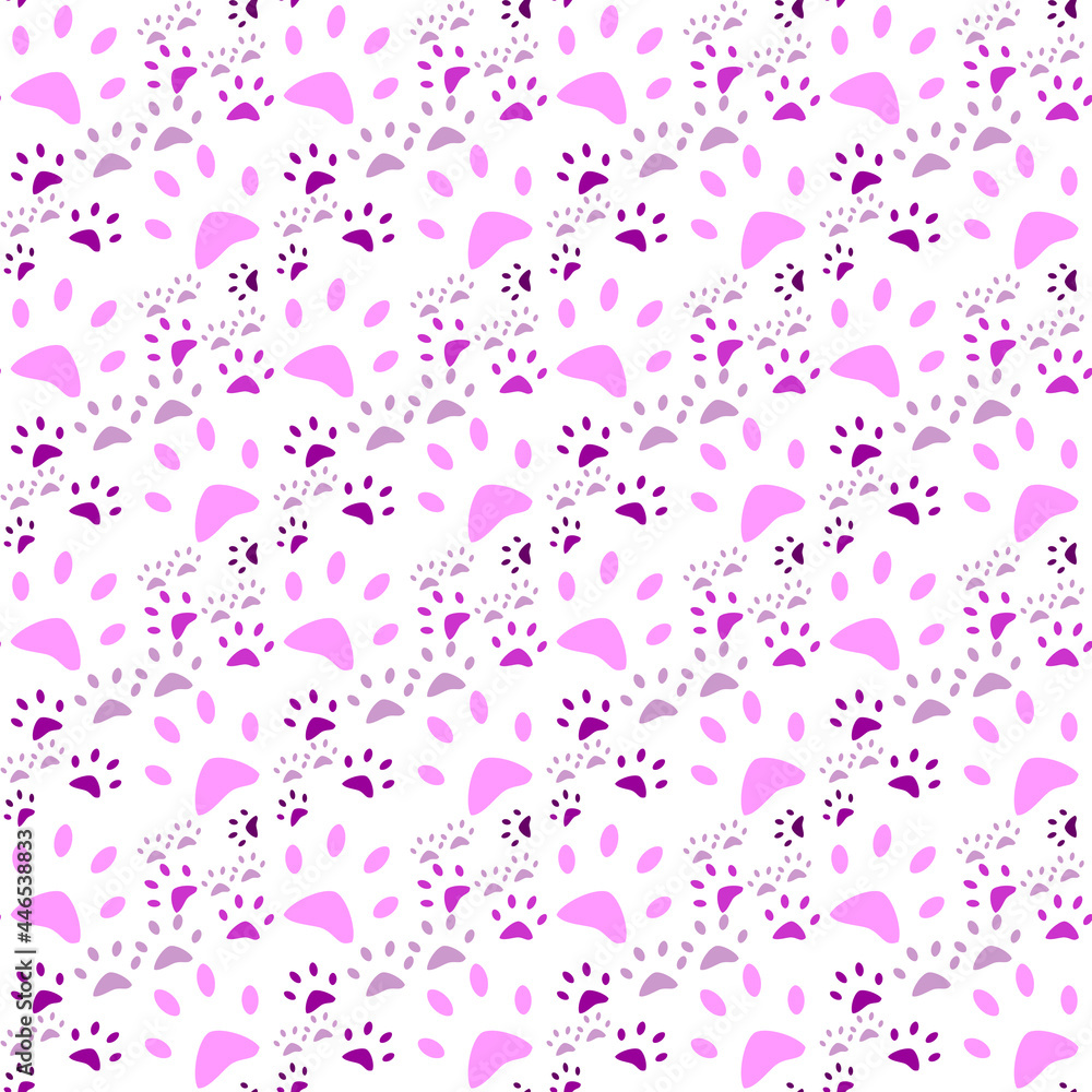 Seamless pastel color cute dog footprints on white background.