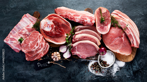 Obraz na płótnie Different types of raw meat on black background