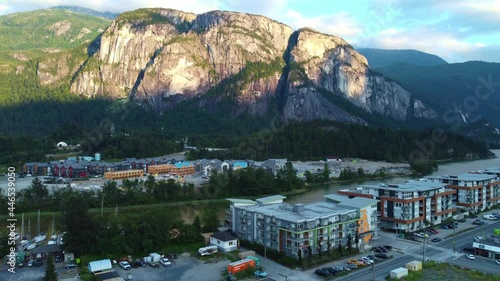 Aerial drone footage the Chief mountain face and near Squamish, BC, at sunset.
