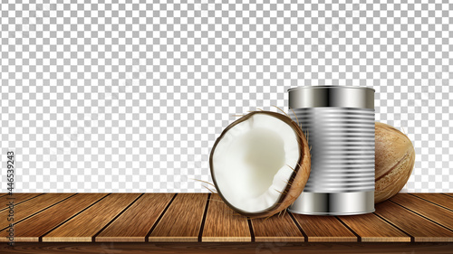 Coconut Tropical Nut And Metallic Container Vector. Crashed Natural Ripe Coconut And Steel Container For Milk On Wooden Table. Coco Food And Drink Template Realistic 3d Illustration