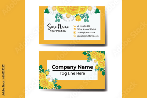 Business Card Template Yellow Rose Flower .Double-sided. Flat Design Vector Illustration. Stationery Design