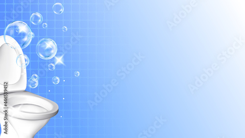 Ceramic Toilet Restroom Tool And Bubbles Vector Copy Space Banner. Household Ceramic Lavatory And Opened Raised Plastic Seat. Element Of Sanitary Cabinet Side Realistic 3d Illustration