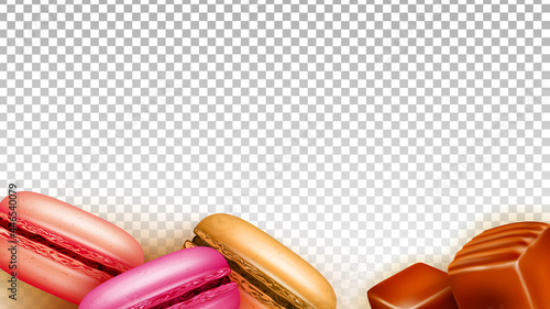 Toffee Caramel Candies And Macaroons Food Vector. Candies And Cookies Baked Sweet Dessert, Gastronomy Delicious Confection. Nutrition Culinary Recipe Template Realistic 3d Illustration