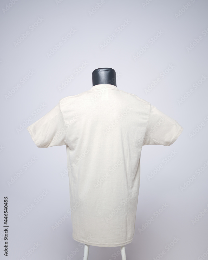 Cream color men's blank tshirt template, back view, natural shape on