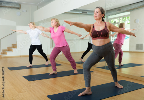 Group of active seniors women practicing yoga on mats in dance studio