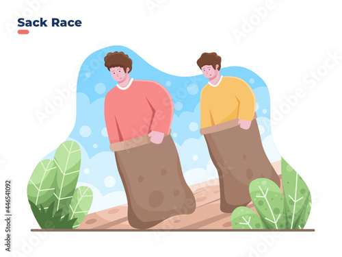 Vector illustration of Celebrate Indonesia Independence Day with sack race or balap karung. Indonesian traditional games sack race to celebrating Independence Day. Banner, poster, web, greeting card.