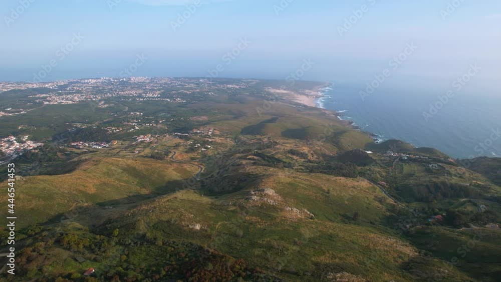 Aerial drone view over the Sintra mountain, towards Cascais and the Guincho beach, in Portugal Aerial drone view over the Sintra mountain, towards Cascais and the Guincho beach, in Portugal