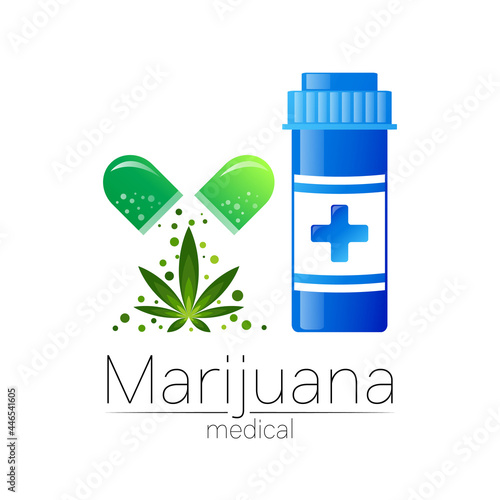 Medical cannabis symbol in vector. Logotype for marijuana, nature herbal medicine, therapy, doctors and store, business. Isolated on white background. Blue and green color. Pill and tablet health care