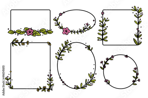 Rustic wreaths dividers with handdrawn flowers. Rectangle and circle doodle wreaths. Doodle vector illustration isolated in white background