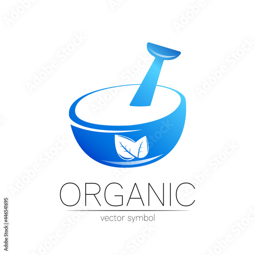 Vector mortar and pestle blue symbol logo with leaf. Ecology icon concept for medicine, vegetarian, therapy, pharmacology and business. Organic sign illustration. Modern logotype or label.
