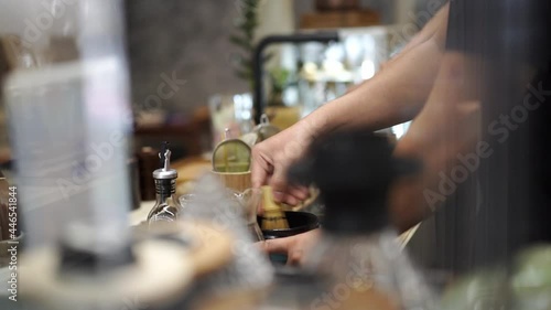 slow motion of barista making green tea at cafe, japan mood concept