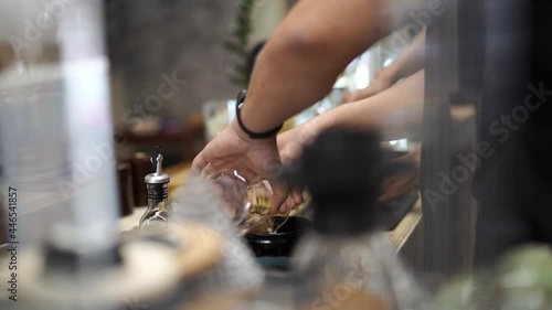 slow motion of barista making green tea at cafe, japan mood concept