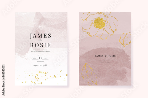 Minimal pink tropical Wedding Invitation, floral invite thank you, rsvp modern card Design in botanical flower water color texture decorative Vector elegant rustic template