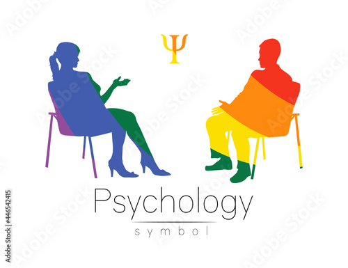 The psychologist and the client. Psychotherapy session. Psychological counseling. Man and woman silhouette, talking while sitting. Rainbow LGBT color. Isolated on white background