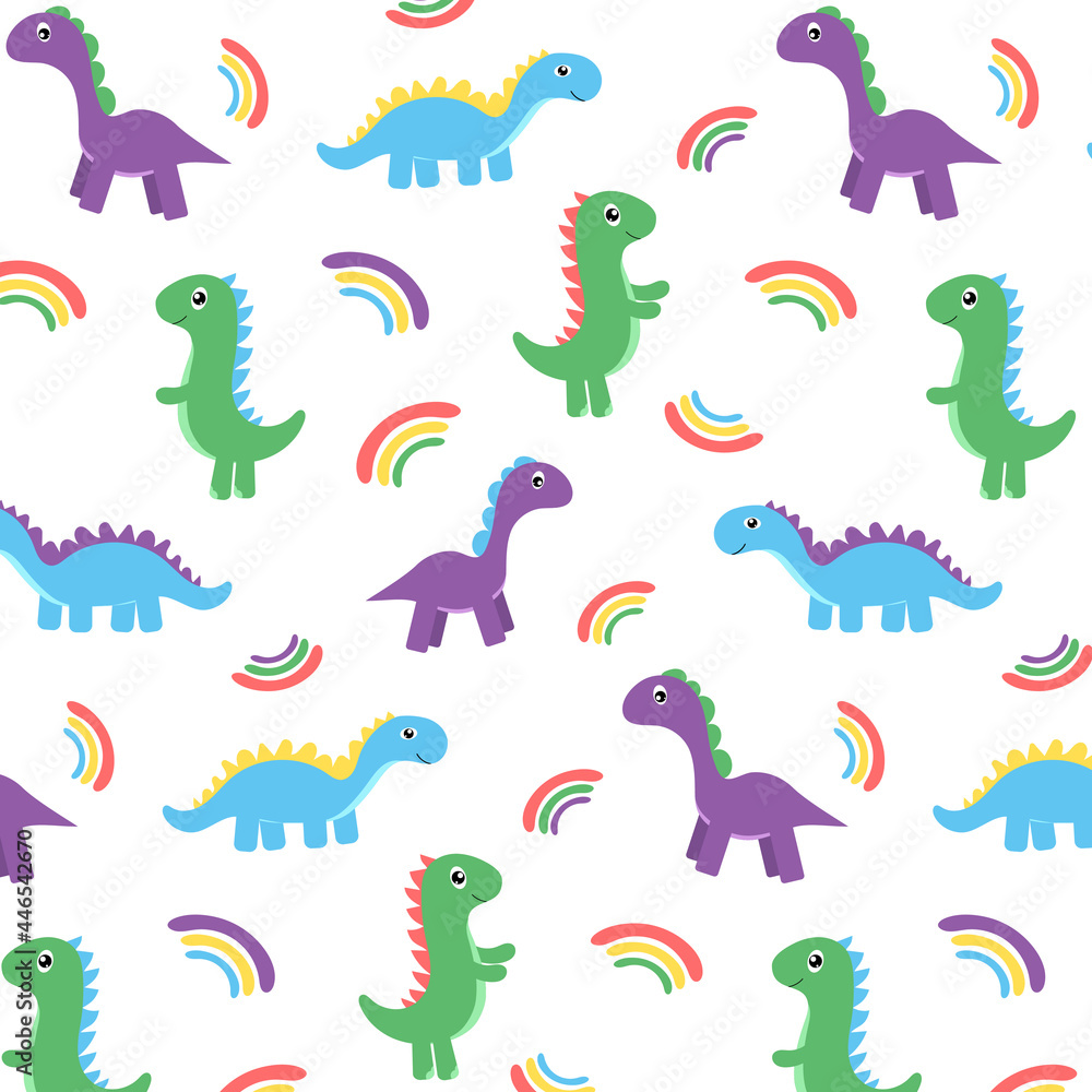 Multicolored childish pattern with dinosaurs and rainbow Multicolored childish pattern with dinosaurs and rainbow