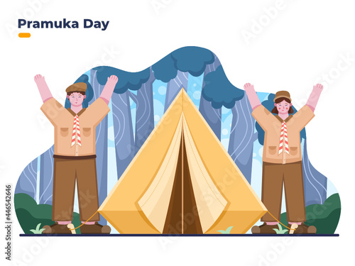 Illustration of Pramuka day with pramuka boy and girl at camp. Scout kid or pramuka kid celebrating pramuka day 14 agust. can be used for greeting card, poster, banner, social media post, book.