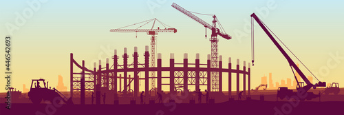 Construction site with a tower crane. Excavators are digging the ground. Stadium construction. Preparation for the Olympic Games. Panoramic view of the construction site. Website background. EPS 10