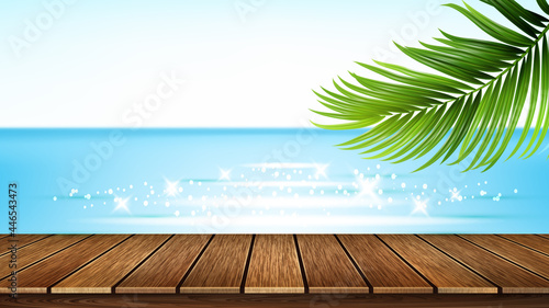 Seashore Wooden Pier, Sea And Tree Branch Vector. Seaside Wood Pier And Beach, Ocean And Plant Green Leaves, Good Weather. Summer Vacation Landscape For Rest Realistic 3d Illustration