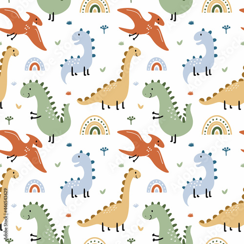 Seamless pattern with dinosaur and pterodactyl. Prehistoric animals. Background for sewing children clothing, printing on fabric and packaging paper.