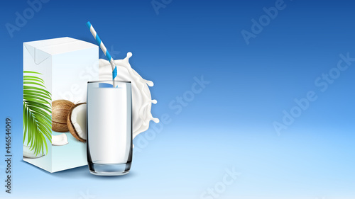 Coconut Milk Drink And Splash Copy Space Vector. Coconut Milky Beverage Glass With Straw And Blank Package, Crashed Nut And Palm Branch On Product Packaging. Template Realistic 3d Illustration