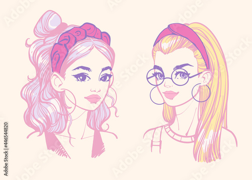 Hairstyles with headbands. Colored portraits of young girls with hair accessories in a light pink palette, isolated. Hand drawn doodle vector illustration with trendy female faces.