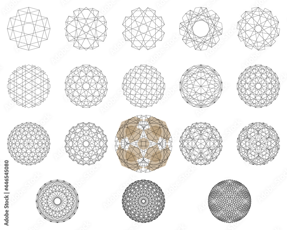 Set of origami geometric outline vector templates in Japanese kusudama, disco lamp, hand ball/temari pattern shape. Created using AI CS6.