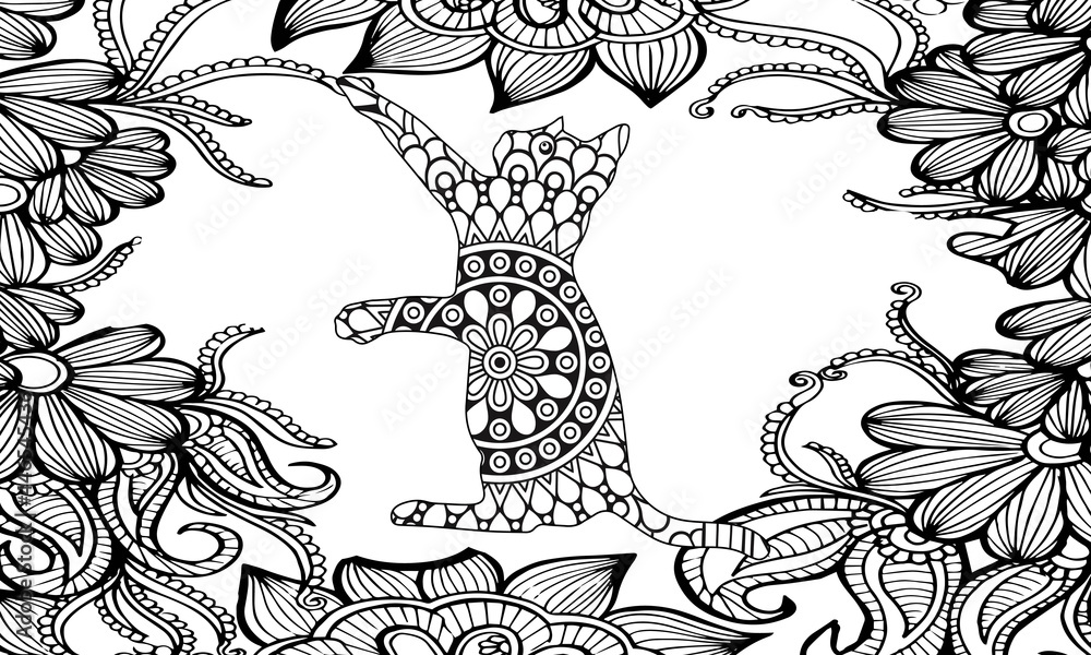Cat. Eastern pattern. Mandala. Hand drawn circle zendala with abstract