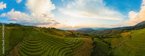 Panorama Aerial View sunlight at twilight of Pa Bong Piang terraced rice fields  Mae Chaem  Chiang Mai Thailand 