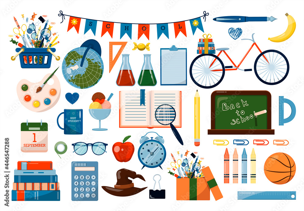 Back to school. Big vector set. Stationery for school, university and office. Cartoon school supplies. A set of colored icons. Flat illustrations for elementary school. Bright cut out cliparts Back to school. Big vector set. Stationery for school, university and office. Cartoon school supplies. A set of colored icons. Flat illustrations for elementary school. Bright cut out cliparts