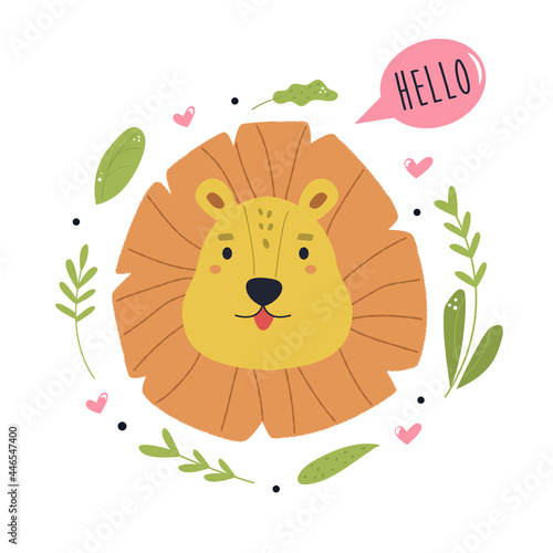 Illustration of a funny lion saying HELLO. Vector composition with floral elements