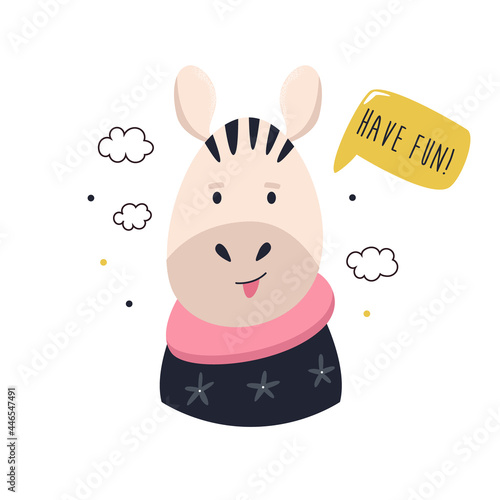 Funny illustration of cheerful zebra in a sweater and text Hello There