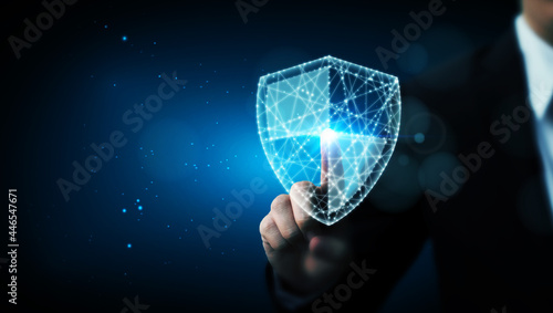 Protection network cyber security computer and safe your data concept, Businessman pointing shield protect icon