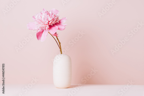 Fototapeta Naklejka Na Ścianę i Meble -  A pink peony flower stands on a table in a vase against a pastel pink background. Copy Space 