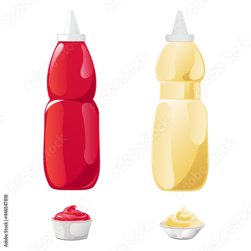 Ketchup and mayonnaise in the bottles without label set. Vector illustration in flat cartoon style.